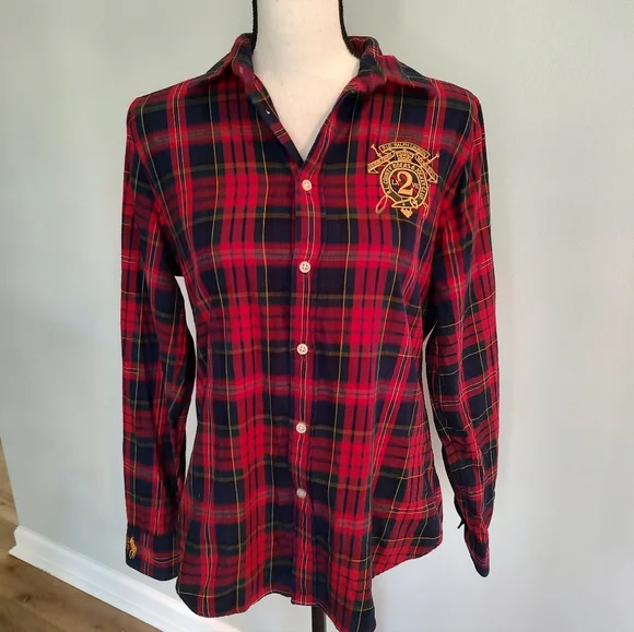 Ralph Lauren Sport Women's Tartan Plaid Preppy Wool Cotton Blend Shirt Red 14 - Picture 5 of 12